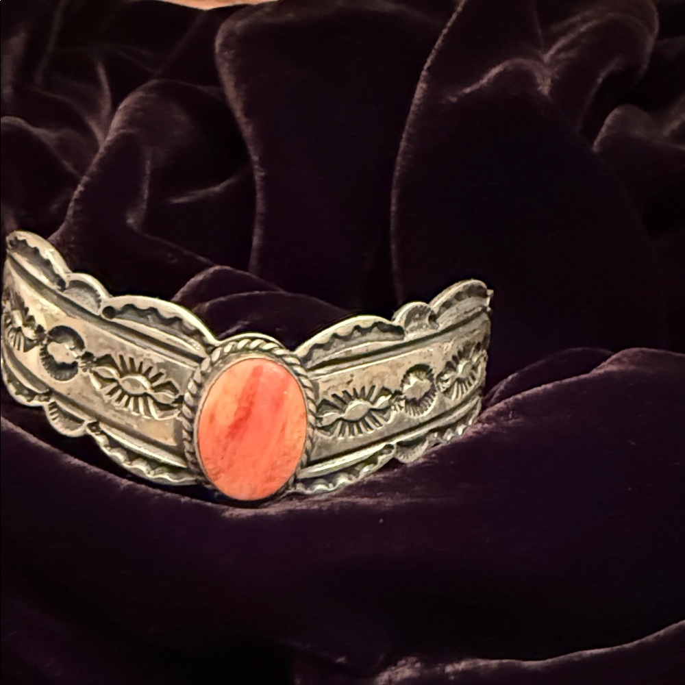 Silver Cuff Bracelet with orange spiny oyster navajo made by Maloney. Signed